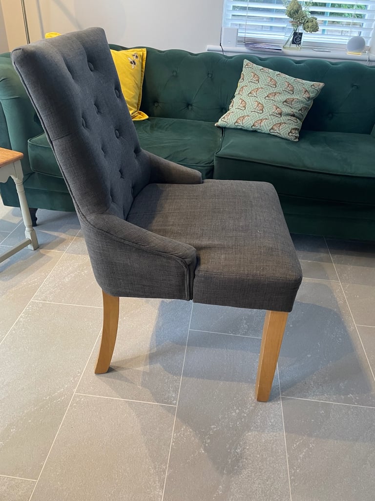 4 Grey fabric button back dining chairs with oak legs 