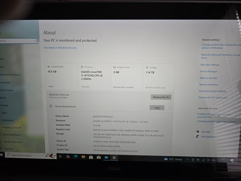 Dell Precision M3800 15.6“ Touch Screen Laptop i7 4 Gen 16Gb RAM 256GB SSD + 1TB HDD Nvidia Graphics