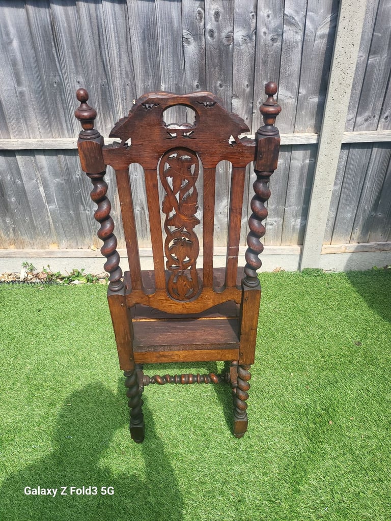 Antique Victorian High Back Heavily Carved Barley Twist Oak Chair Furniture