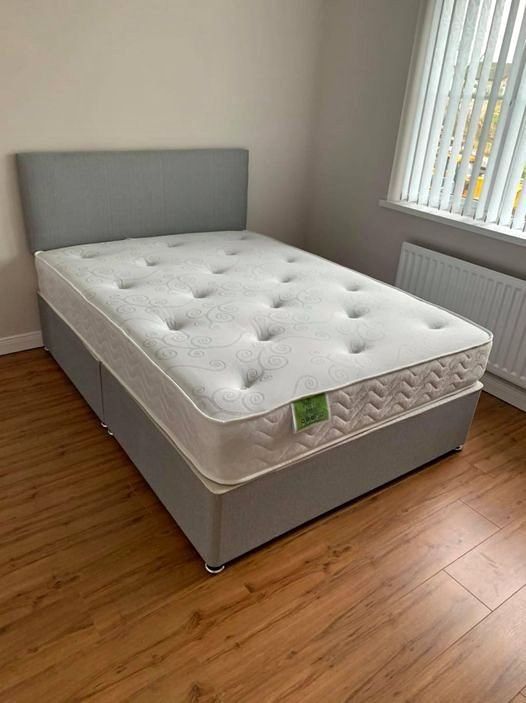double velvet fabric bed with base and headboard and memory foam mattress