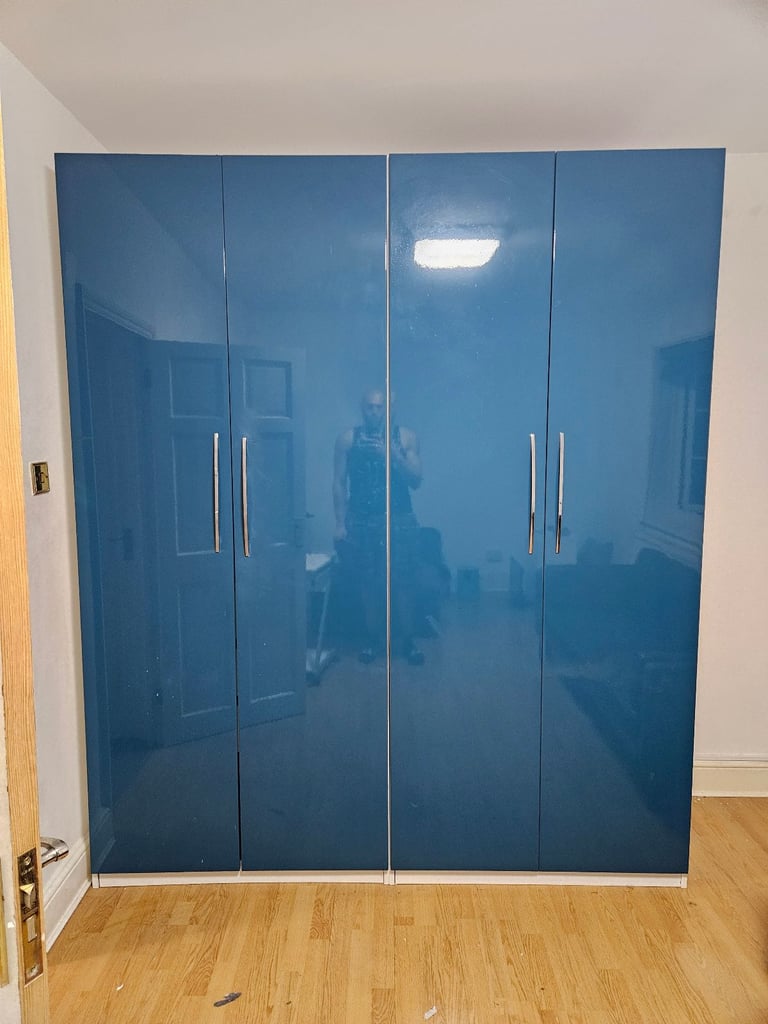 image for 2 Ikea Pax Fardel Large Blue Glossy Double Wardrobe with Drawers and Rails
