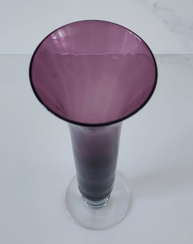 Vintage Purple Glass Bud Vase Clear Foot 20.5 cm Tall