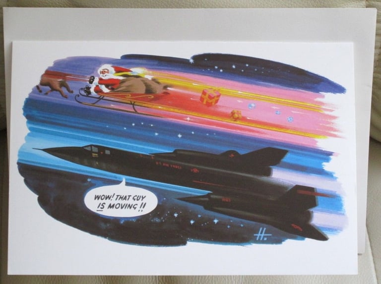 NEW ,large XMAS card & envelope coloured picture USAF SR 71 BLACKBIRD AIRCRAFT & FATHER XMAS