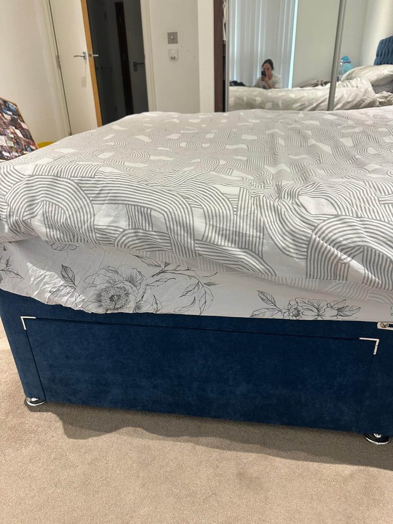 image for Blue Velvet Double Bed Frame with Storage Drawers