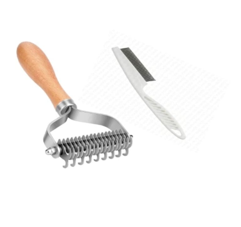 Cat Dog Pet Flea Comb and 2 Sided Undercoat Fur Rake Set - 2 Pack