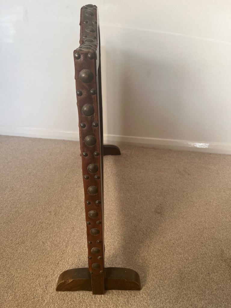 Arts and Crafts Oak and Woven Studded Leather Fire Screen. 