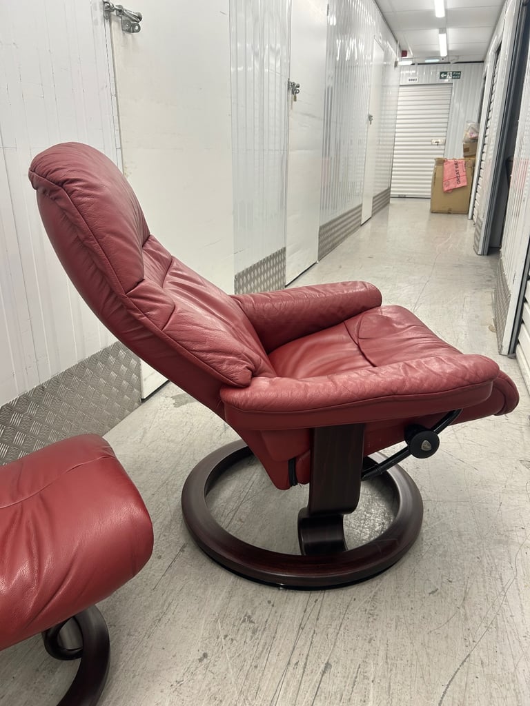 Ekornes Stressless Sunrise Recliner Red Leather Chair & Footstool - Medium Size