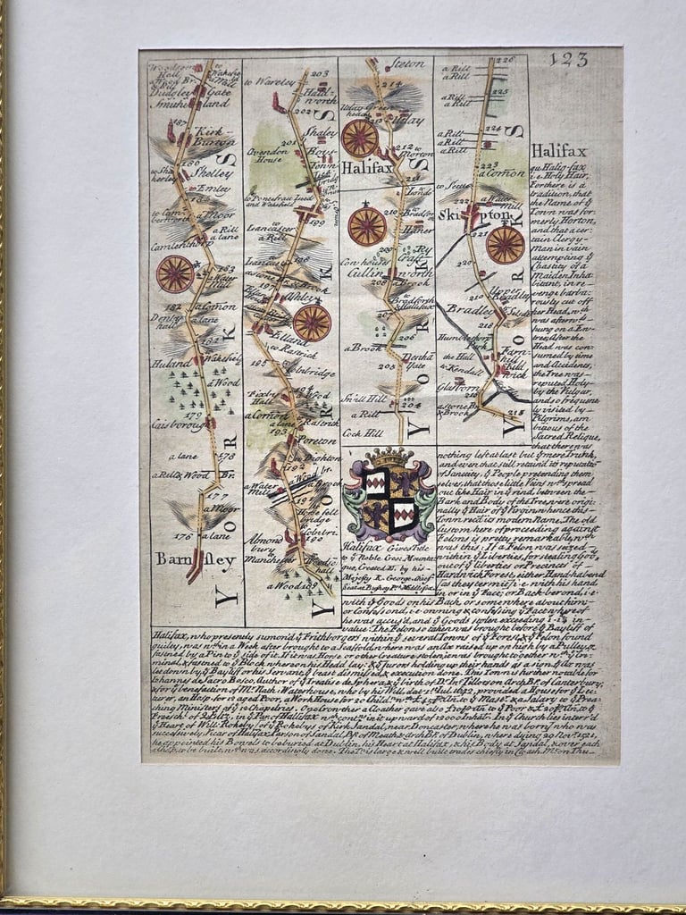 1720 Antique George I Period Road Map of Yorkshire - Rippon,Whitby,Scarborough 