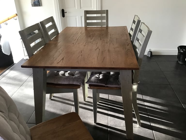 Oak with grey legs dining room table and 6 chairs