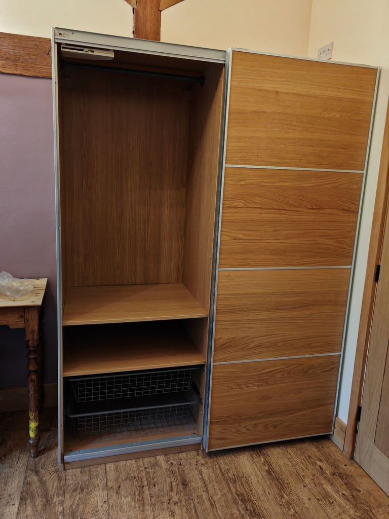 IKEA PAX Oak Sliding Door Wardrobe, 4 shelves & wire drawers, 2 hanging rails FREE DELIVERY 035