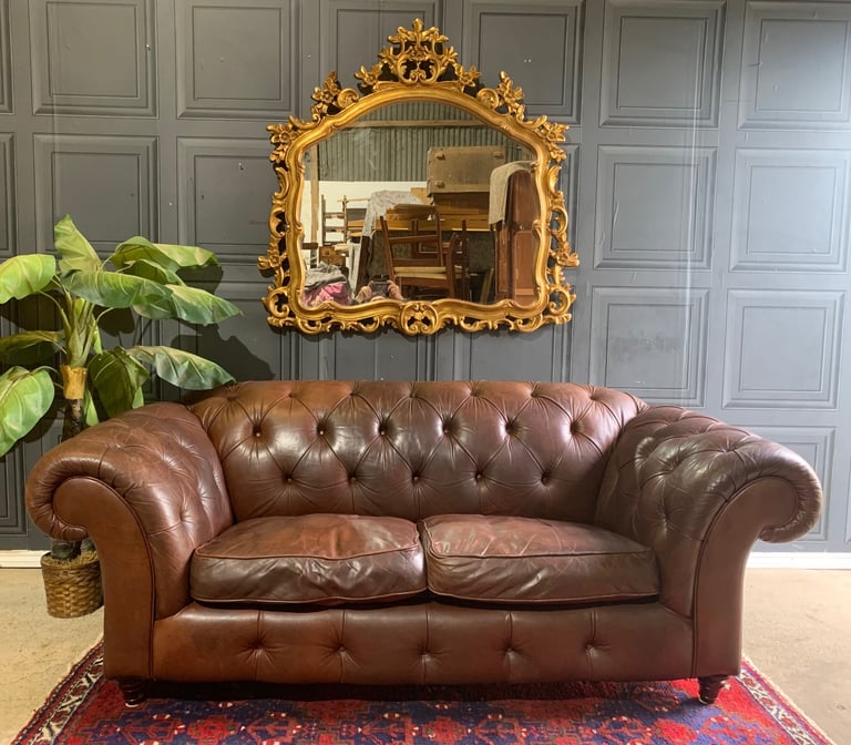 Vintage M&S Antique Style Chesterfield Deep Button Havana Brown Leather 2 Seater Sofa Couch