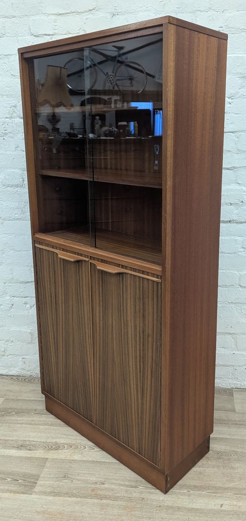 Mid century teak and tiger wood glazed tall bookcase cabinet 