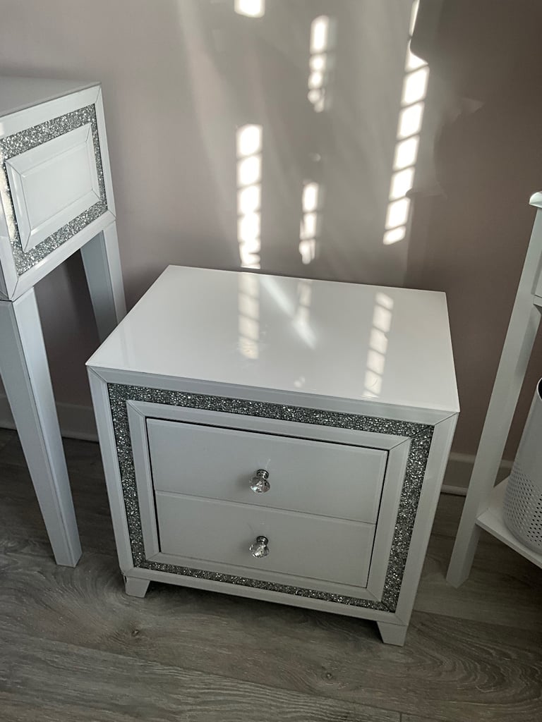 Dressing table and Bedside table with diamanté inlay white gloss