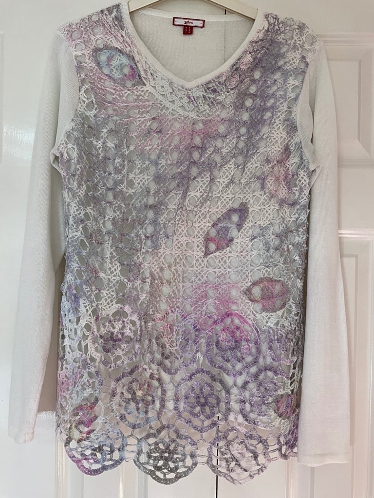 Joe Browns Women’s Crochet Long Sleeve Layering Jumper, Size 10, White, Pink, Lilac & Blue