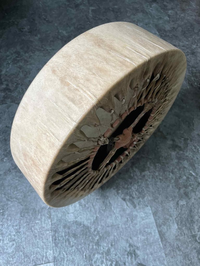 Drum/ceremonial 18inch deer skin drum c/w beater & handmade bag. 