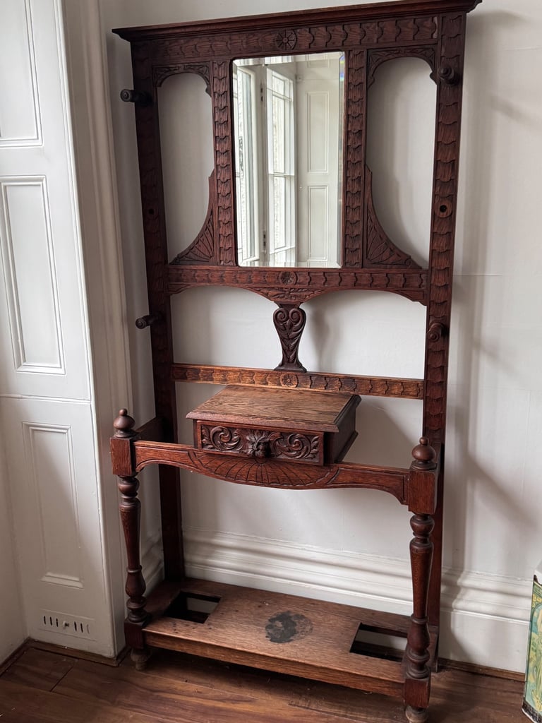 image for Victorian Oak ‘Green Man’ Mirrored Hall / Coat Stand