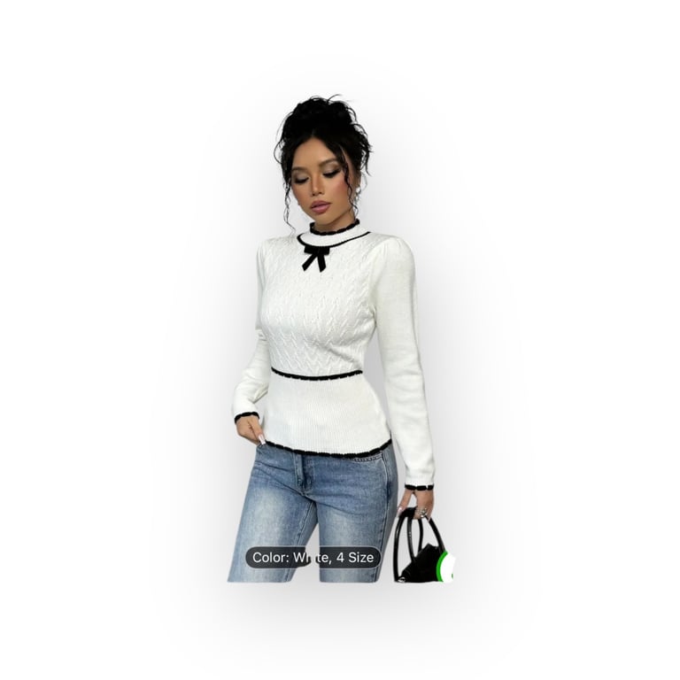 Women's White Slim Fit Long Sleeve Sweater with Black & White Striped