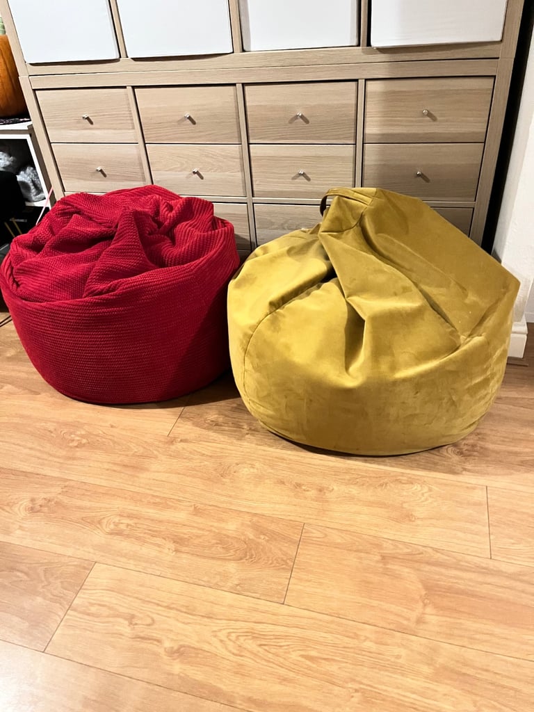 2X Dunelm Bean Bags Chairs Gaming Seats Pouffe Floor Cushions Loungers Sofa Velvet Cord Red Yellow