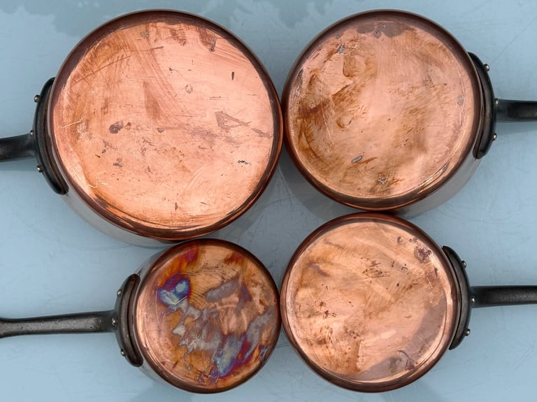 VINTAGE FRENCH COPPER PANS, SET OF FOUR LINED SAUCEPANS, 18-12cm - FABRICATION FRANCAIS - WILL POST!