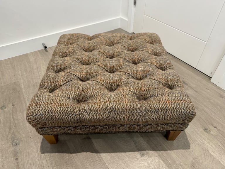 Harris Tweed Fabric Herringbone Buttoned Chesterfield Chair Low Footstool