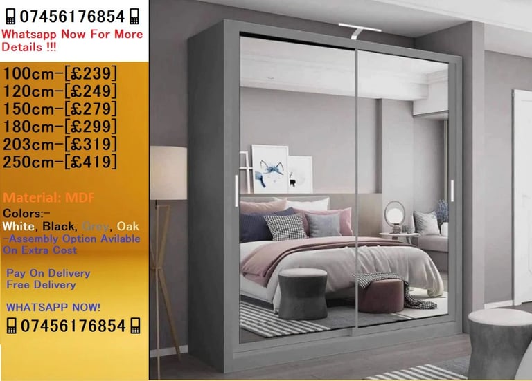 Chicago Wardrobe All Brand-New Sliding Mirrored Wardrobes with Multiple Designs..!!