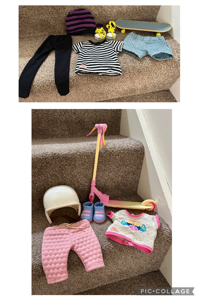 image for Our Generation Doll’s scooter, skateboard and helmet with outfits