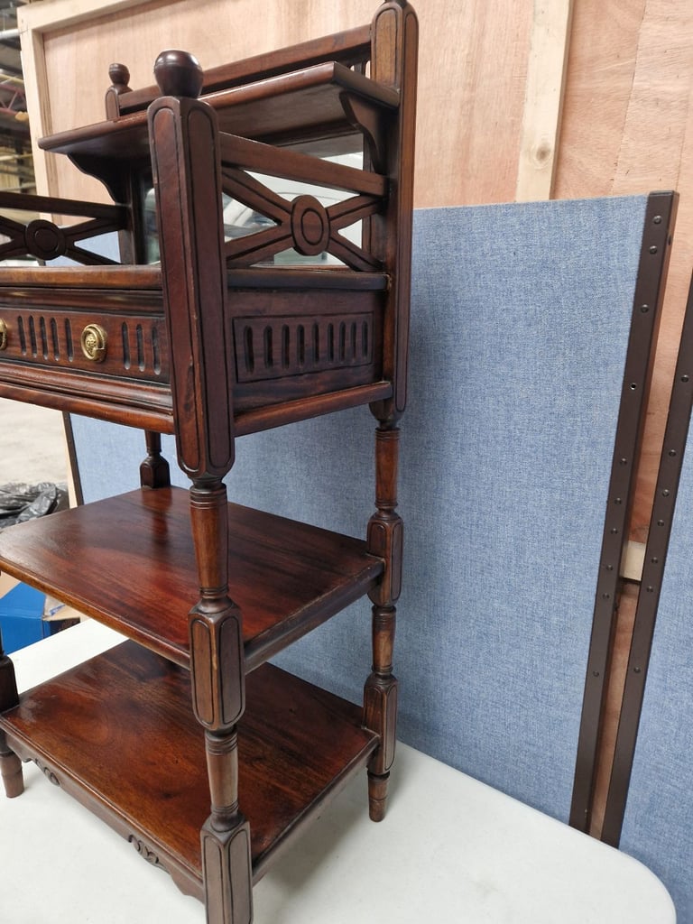 Contemporary hardwood what-not with mirror and drawer