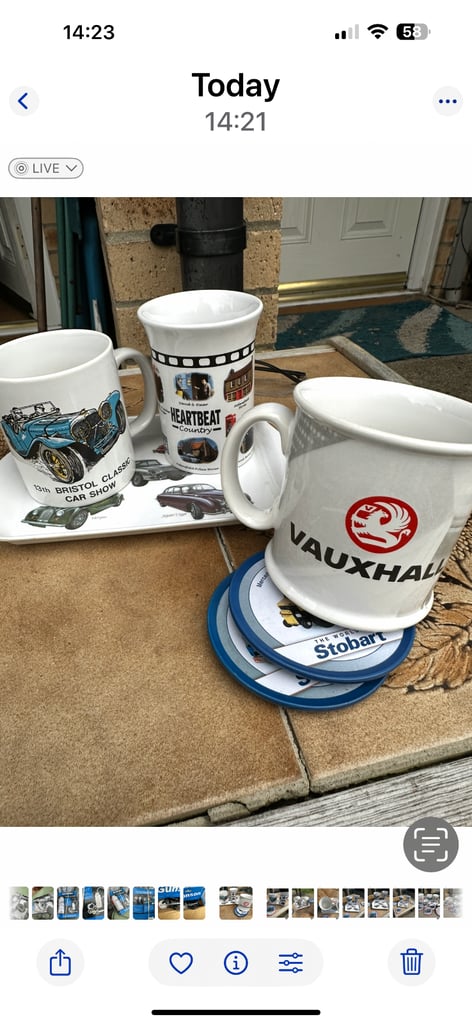 AS   new classic car drinking mugs with  small  biscuit  plate  &   Coasters     £7   Bristol  