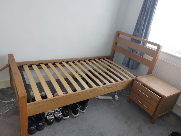 Real pine wood single bed with bedside and mattress 