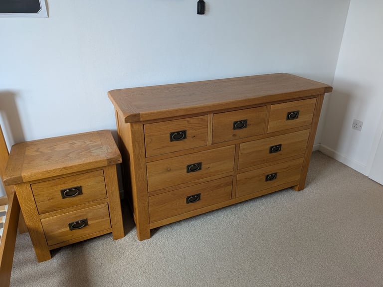 Oak Chest of Drawers & Oak Bedside Table