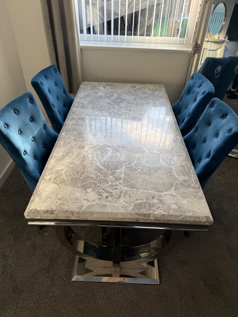Grey marble table + 6 navy blue chairs