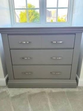 Lusso painted oak urban grey bedroom furniture, dressing table/desk, stool & chest of drawers.