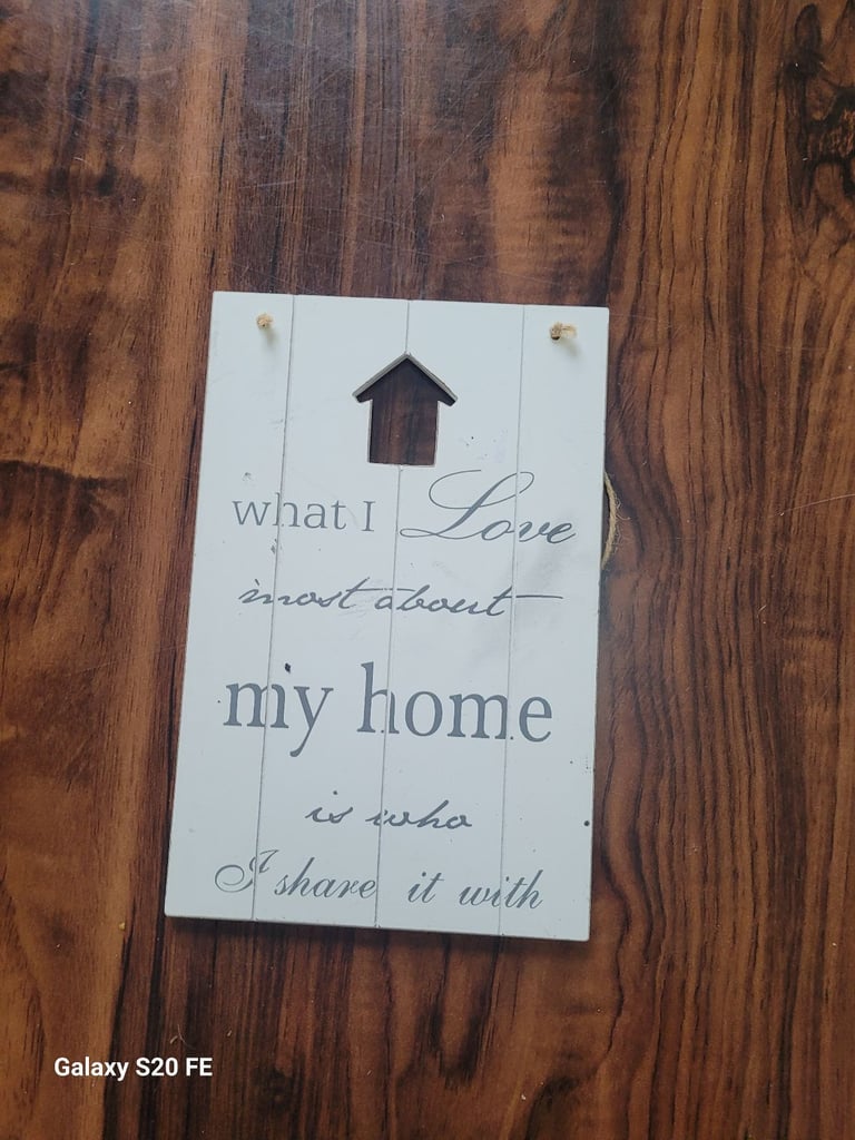 image for Charming Distressed Wood Home Plaque Sign - "What I Love Most About My Home" 
