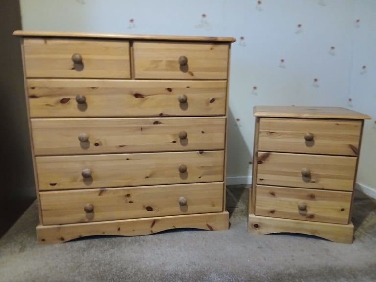 image for Antique Pine matching chest of drawers and bedside table