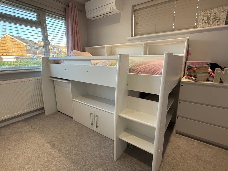 GLTC White kids mid height cabin bed and mattress 