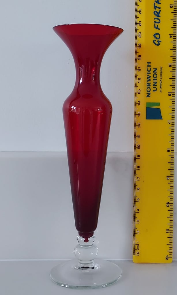 Vintage Red Glass Bud Vase Clear Foot 21 cm Tall