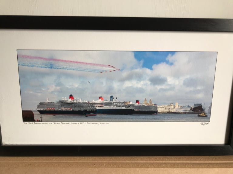 image for Certified Ron Davies photo of Red Arrows saluting 3 Queen Cunards Liverpool 175th anniversary