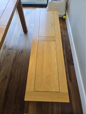 Oak Furnitureland solid oak extendable dining table, bench and 6 chairs