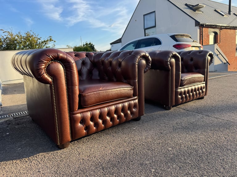 image for Pair of chesterfield faux brown leather club armchairs 