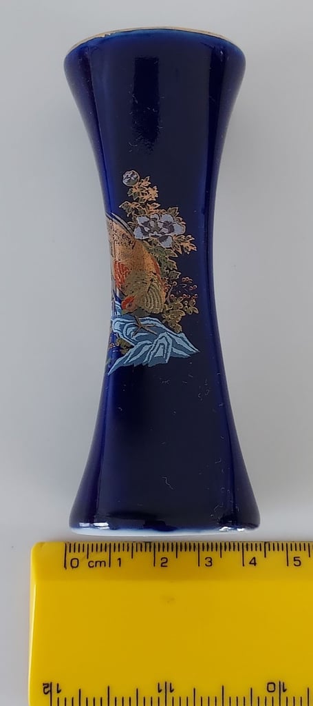Cobalt Blue Ceramic Pottery Bud/Posy Vase Oriental Bird Design 10 cm Tall