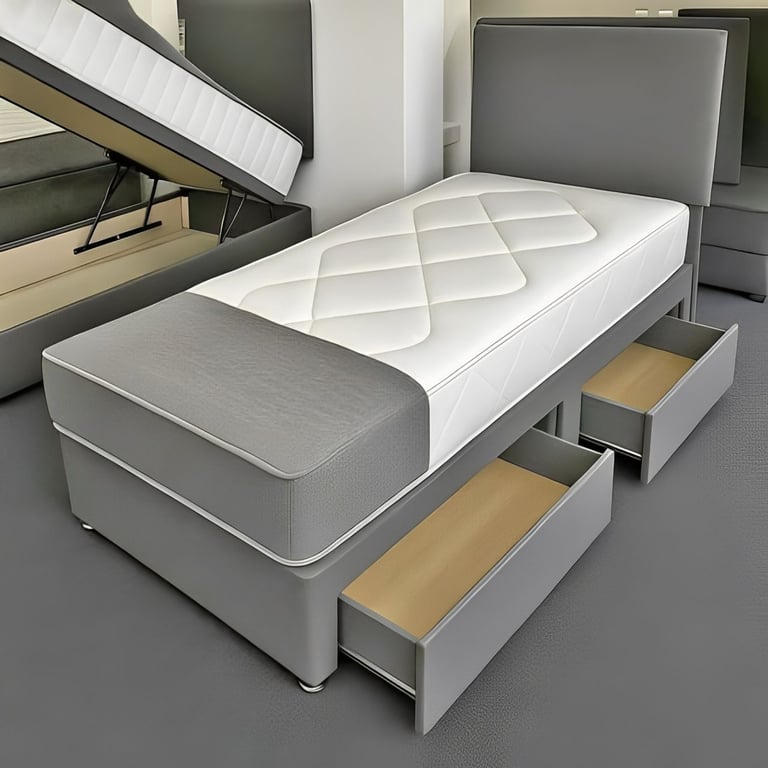 Go Now !! Single Fabric Divan bed with Mattress - Fast delivery Grey & Cream Color available 