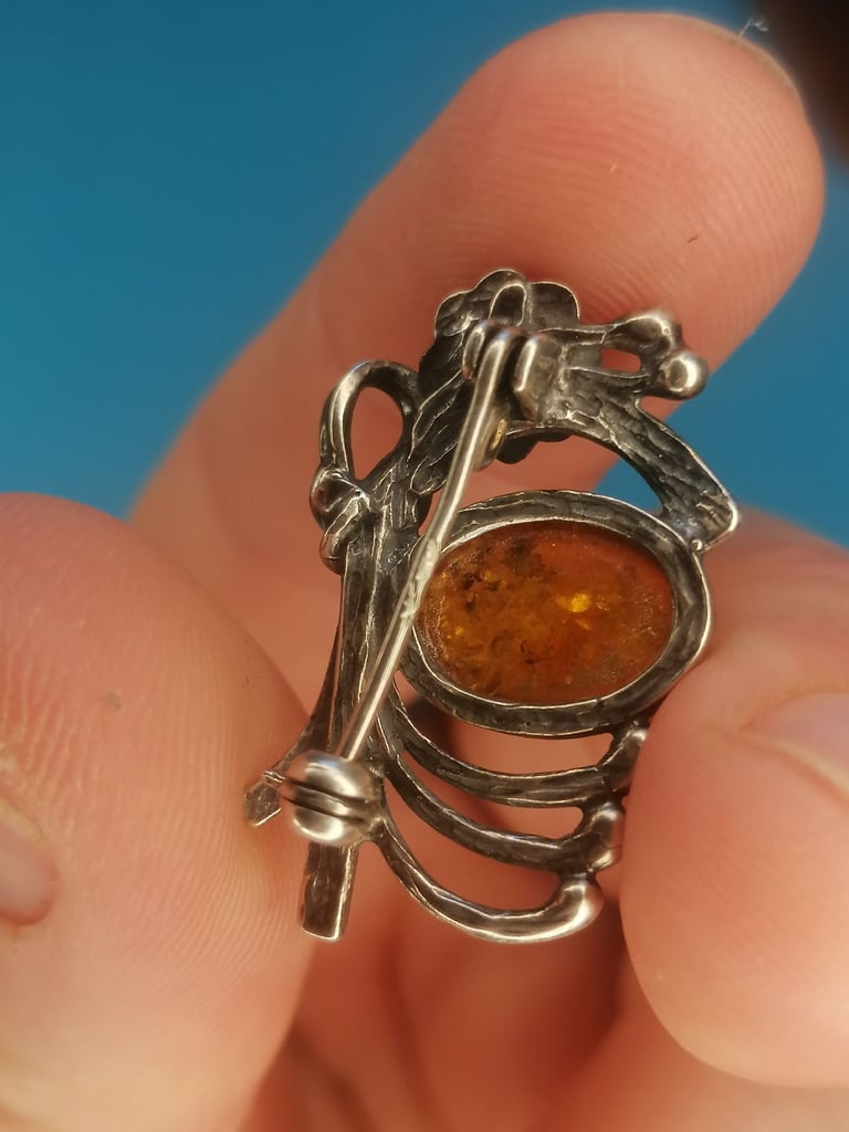 A Lovely Vintage Silver  with Baltic see Amber stone Brooch.  