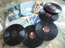 Five vintage 78 speed gramophone records with covers,retro english songs yester years..