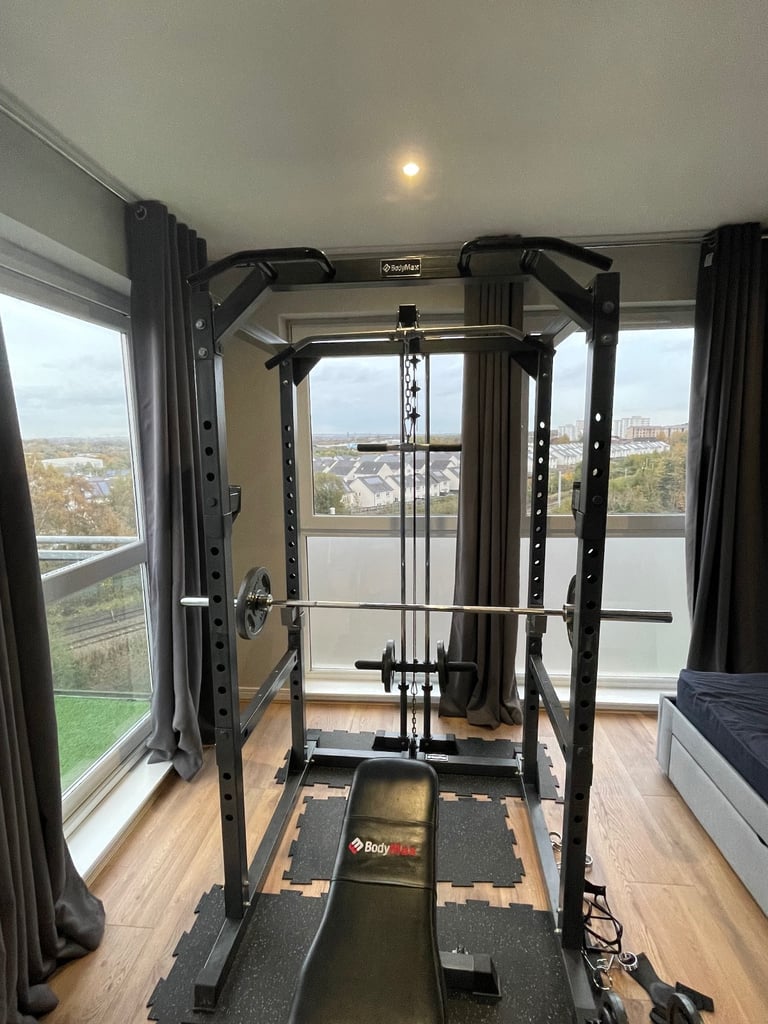 image for Bodymax full rack, attachments, 215kg cast weight plates and tree, 7ft 20kg barbell, bench, dumbells