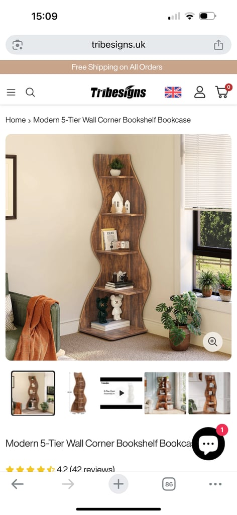 image for 🪵 Modern 5-Tier Wall Corner Bookshelf / Bookcase – Stylish Wavy Design
