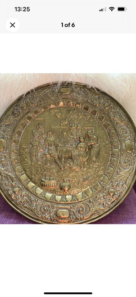 image for Vintage Peerage Brass Charger Plate Decorative Tavern Scene 17.5” 