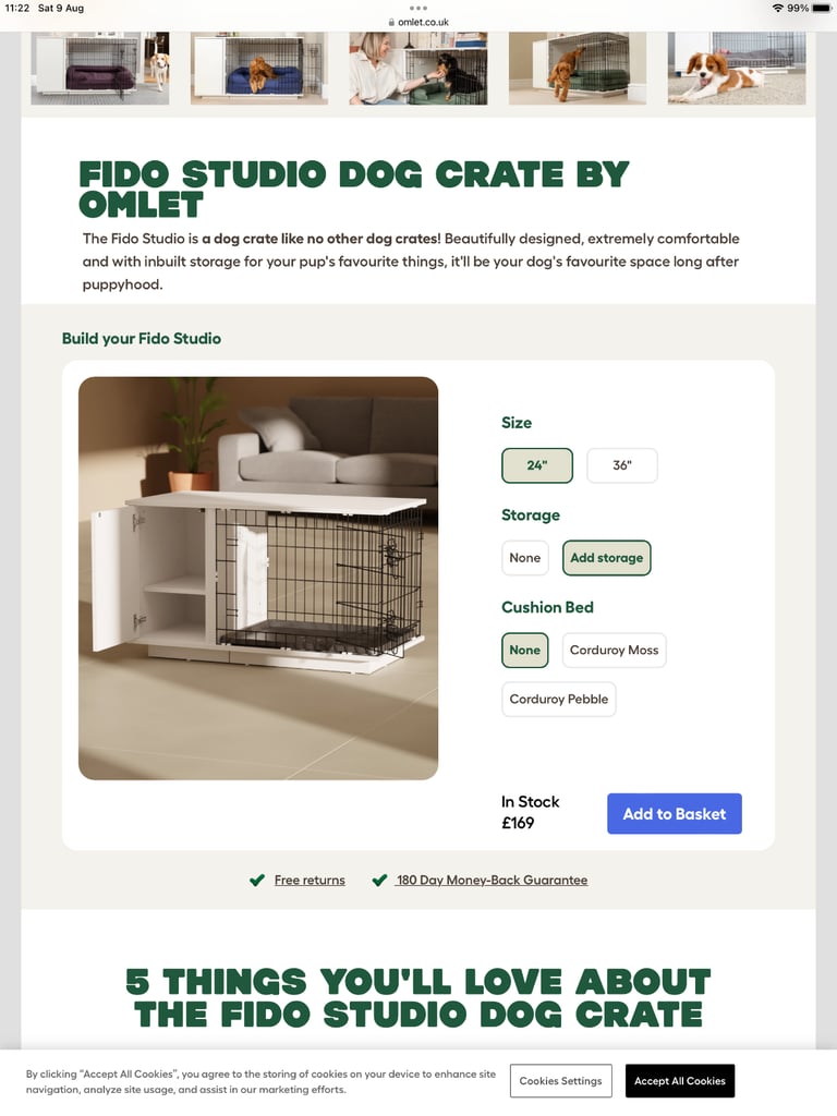 Omlet Fido Studio 24 Inch White Dog Crate With Cupboard