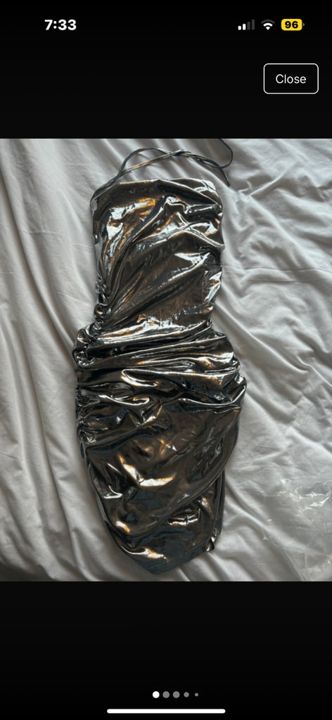 image for PrettyLittleThing silver metallic slinky cowl neck mini dress 