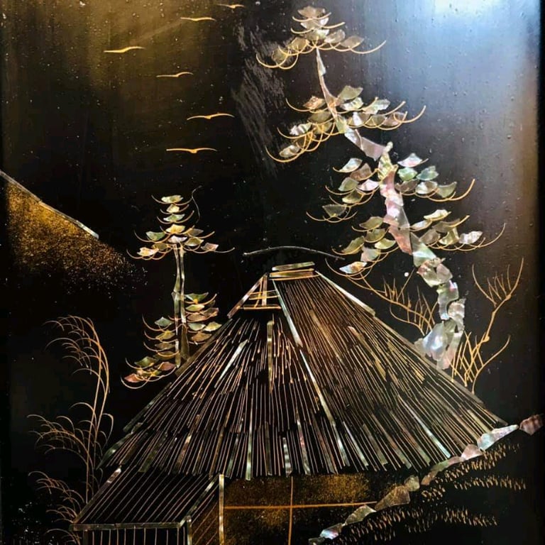 Chinese Four panel Folding Lacquered Screen With Inlaid Mother of Pearl