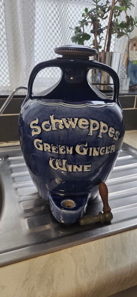 schweppes green ginger wine stone bottle (empty) with tap